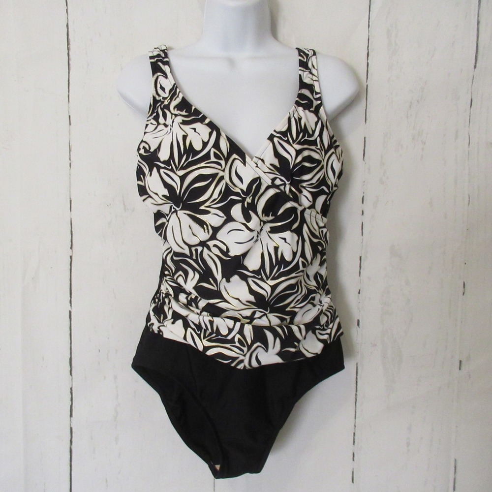 Shape Detector Swimsuit 14 Black One Piece Floral Ruched Slimming Underwire